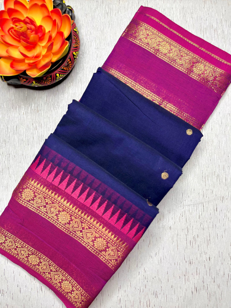 Kanchi Cotton Saree - Persian Blue  + Cardinal Pink