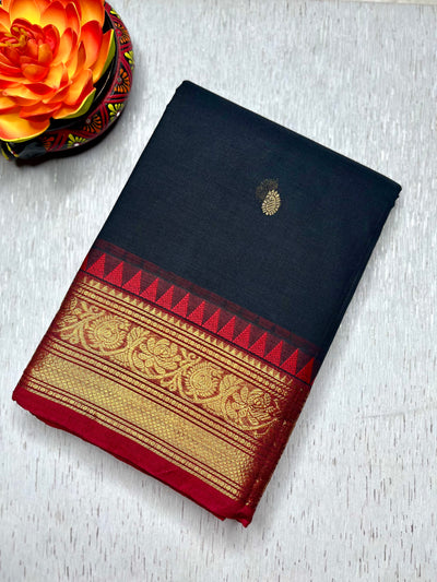Kanchi Cotton Saree - Charcoal Black  + Brick Red