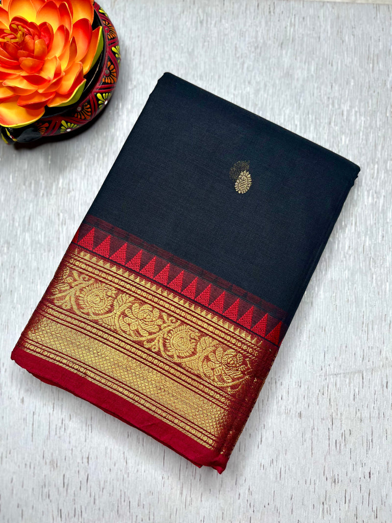 Kanchi Cotton Saree - Charcoal Black  + Brick Red
