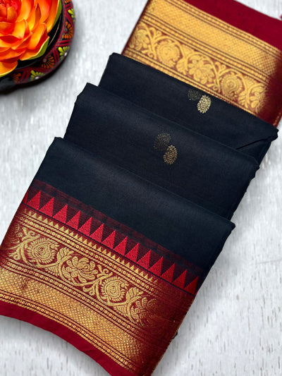 Kanchi Cotton Saree - Charcoal Black  + Brick Red