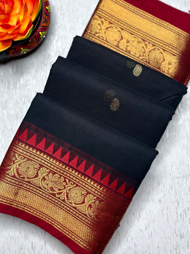 Kanchi Cotton Saree - Charcoal Black  + Brick Red