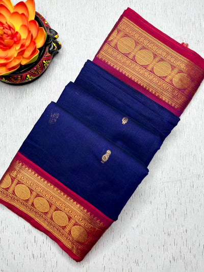 Kanchi Cotton Saree - Deep Blue  + Cannon Pink
