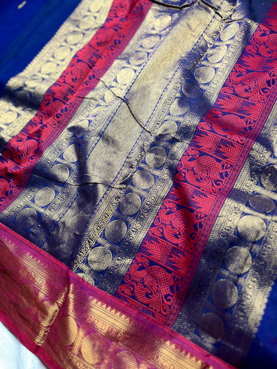 Kanchi Cotton Saree - Deep Blue  + Cannon Pink