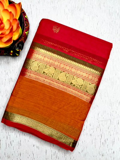 Kanchi Cotton Saree - Flush Maroon + Tango Orange