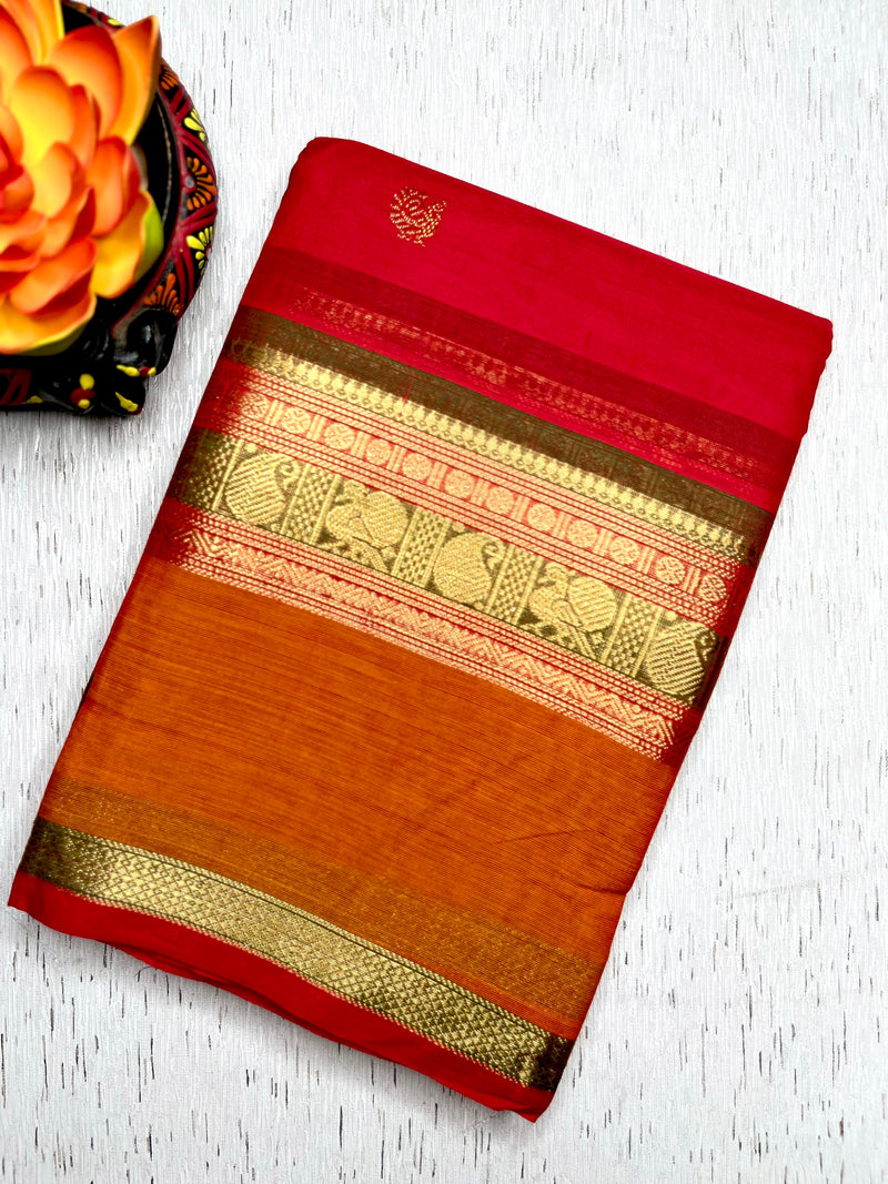 Kanchi Cotton Saree - Flush Maroon + Tango Orange