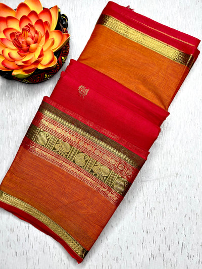 Kanchi Cotton Saree - Flush Maroon + Tango Orange