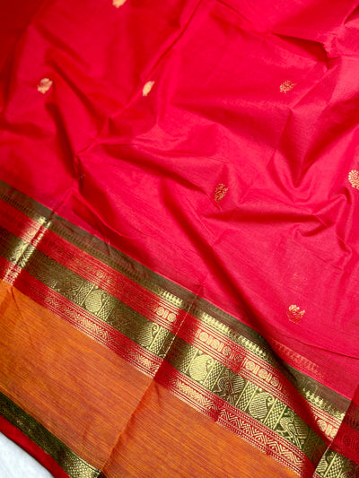 Kanchi Cotton Saree - Flush Maroon + Tango Orange