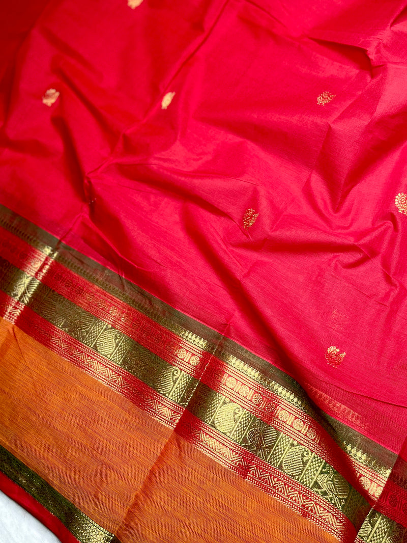 Kanchi Cotton Saree - Flush Maroon + Tango Orange
