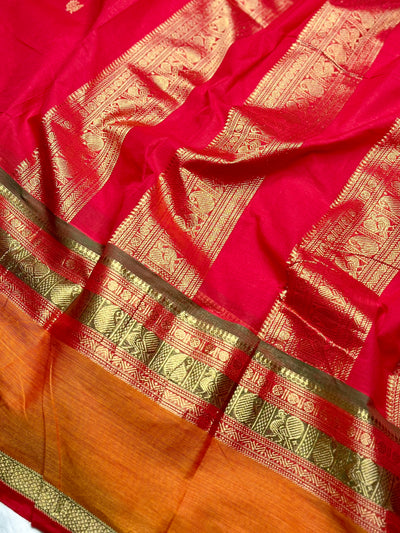 Kanchi Cotton Saree - Flush Maroon + Tango Orange