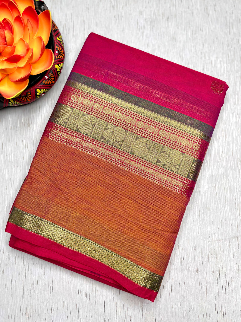Kanchi Cotton Saree - Blush Pink + Flamingo Orange