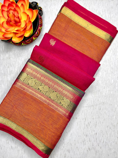 Kanchi Cotton Saree - Blush Pink + Flamingo Orange