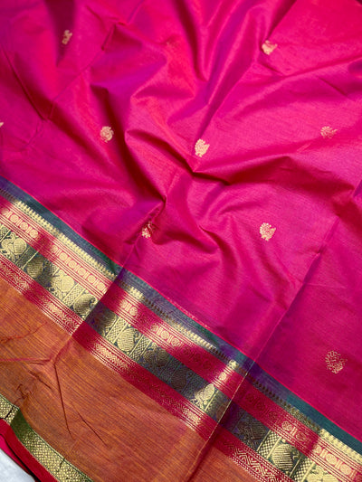 Kanchi Cotton Saree - Blush Pink + Flamingo Orange
