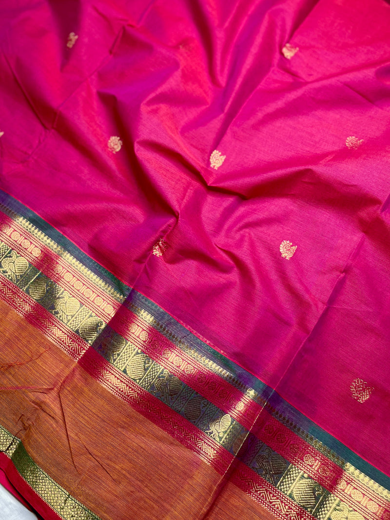 Kanchi Cotton Saree - Blush Pink + Flamingo Orange