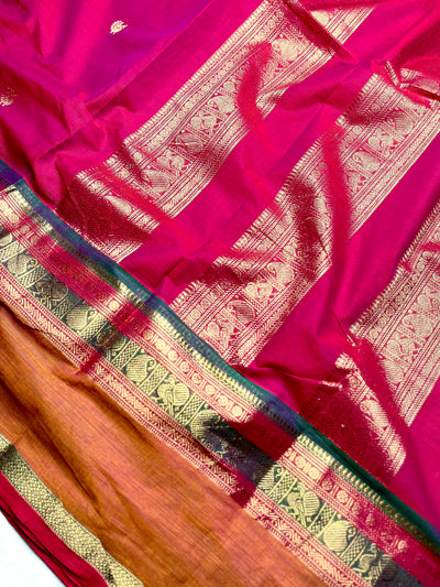 Kanchi Cotton Saree - Blush Pink + Flamingo Orange