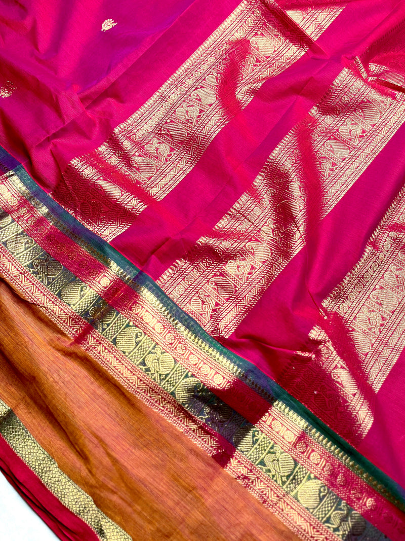 Kanchi Cotton Saree - Blush Pink + Flamingo Orange