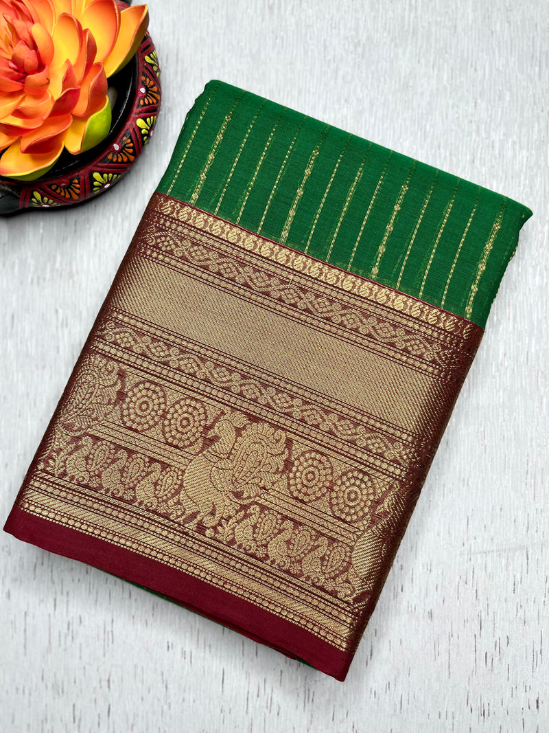 Kanchi Cotton Saree -  Deep Sea Green + Dark Wine