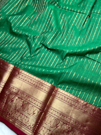 Kanchi Cotton Saree -  Deep Sea Green + Dark Wine