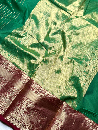 Kanchi Cotton Saree -  Deep Sea Green + Dark Wine