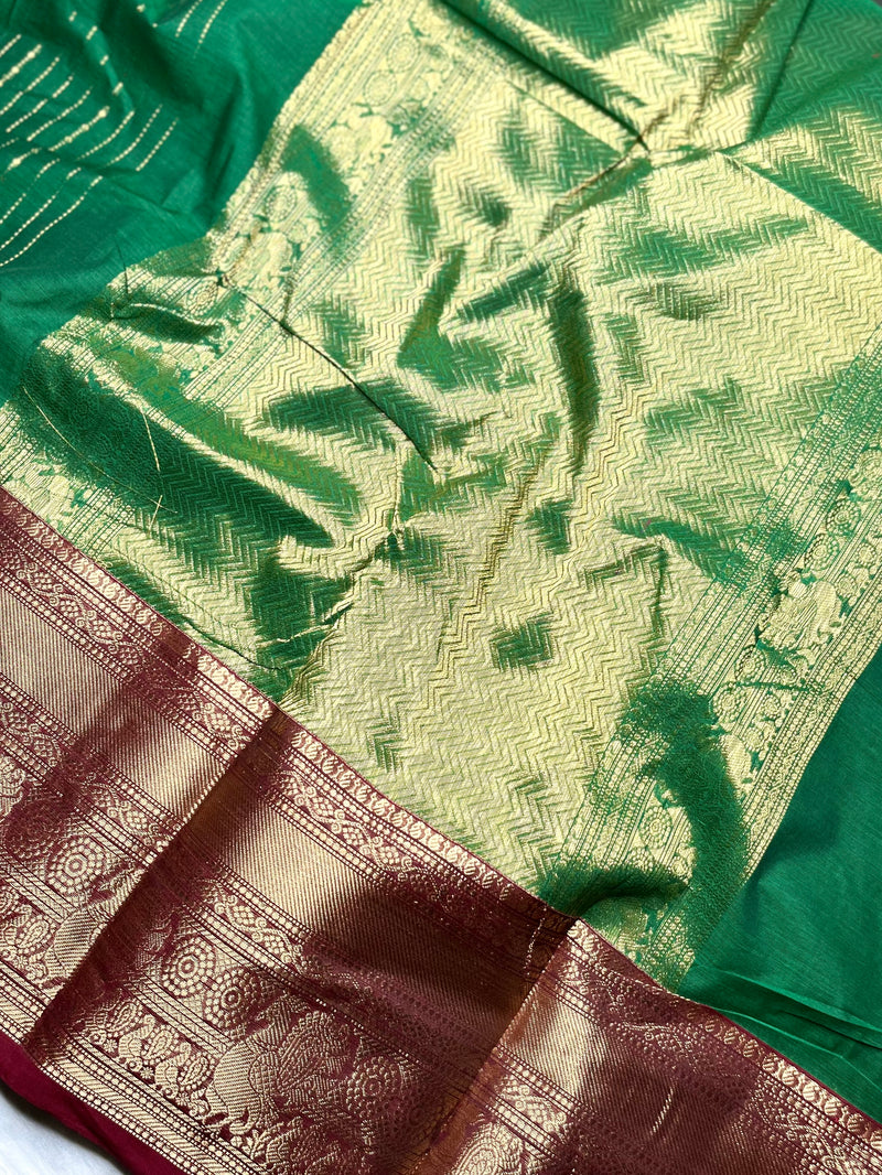 Kanchi Cotton Saree -  Deep Sea Green + Dark Wine