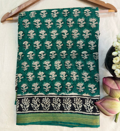 EXP - Kanmani  Green with Black Handblock printed Maheshwari silk cotton saree