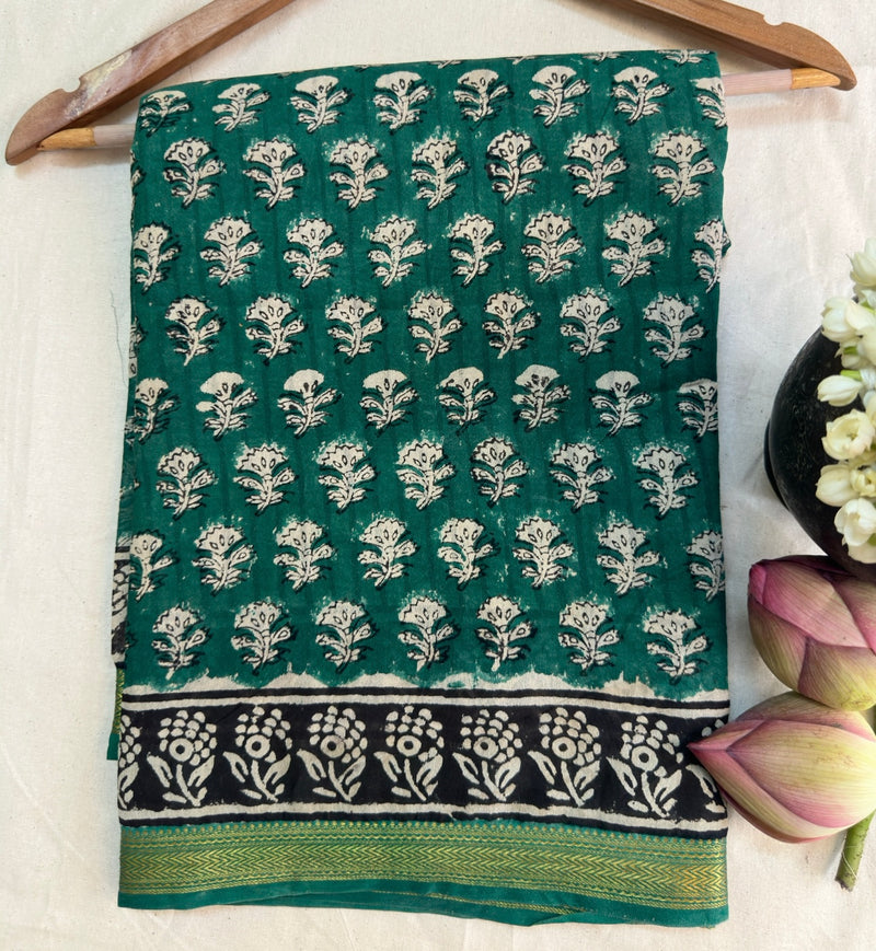 EXP - Kanmani  Green with Black Handblock printed Maheshwari silk cotton saree