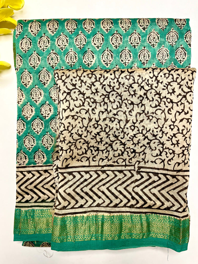 Handblock Printed Silk Cotton Saree - Elf Green + Pearl