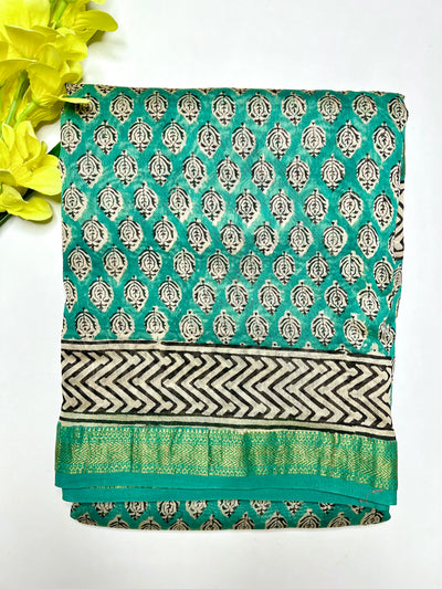 Handblock Printed Silk Cotton Saree - Elf Green + Pearl