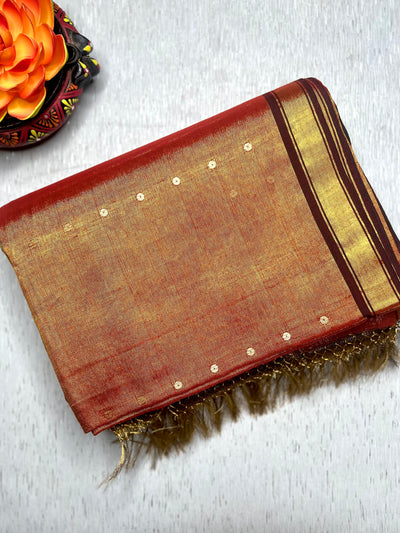 Handwoven Tissue Saree - Fire Bush + Pesto Green