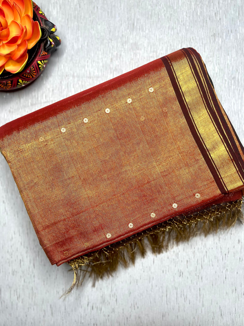 Handwoven Tissue Saree - Fire Bush + Pesto Green
