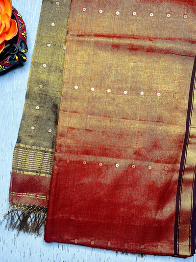 Handwoven Tissue Saree - Fire Bush + Pesto Green