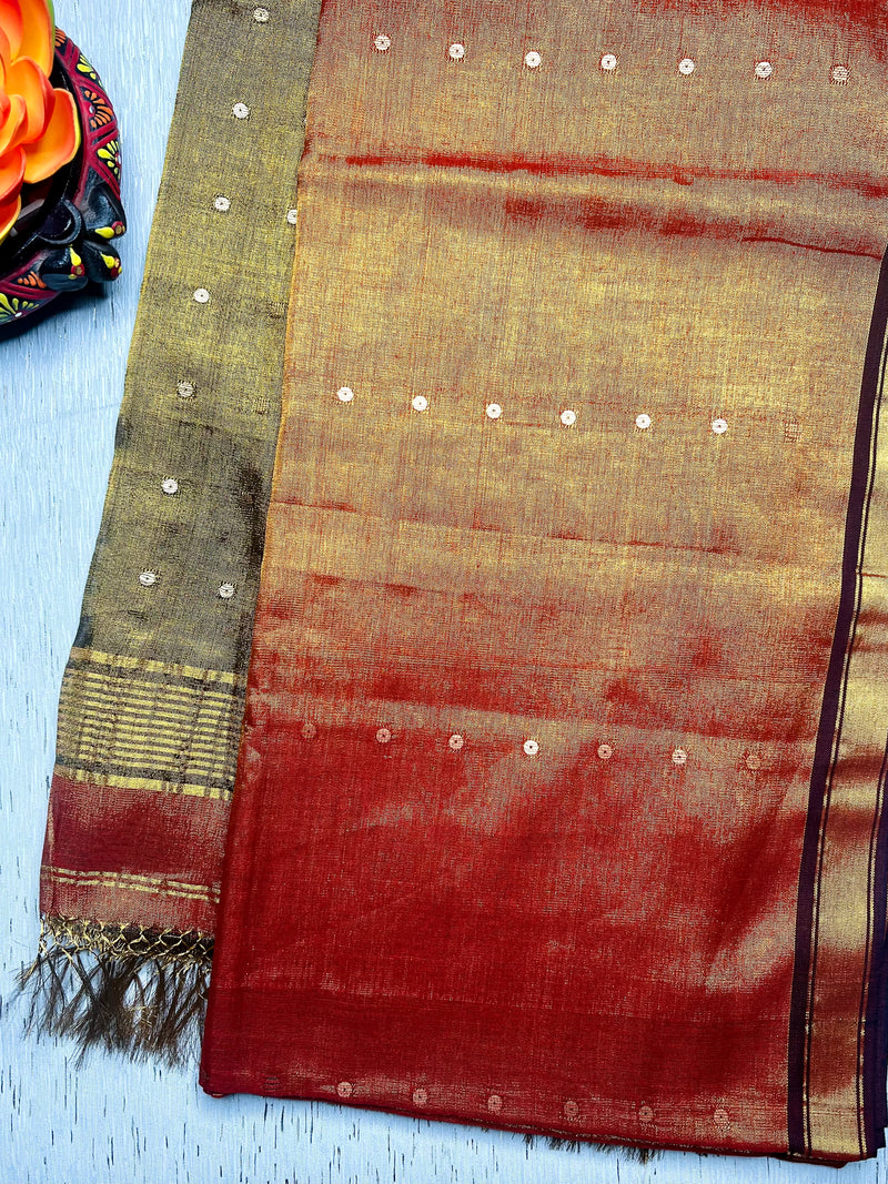 Handwoven Tissue Saree - Fire Bush + Pesto Green