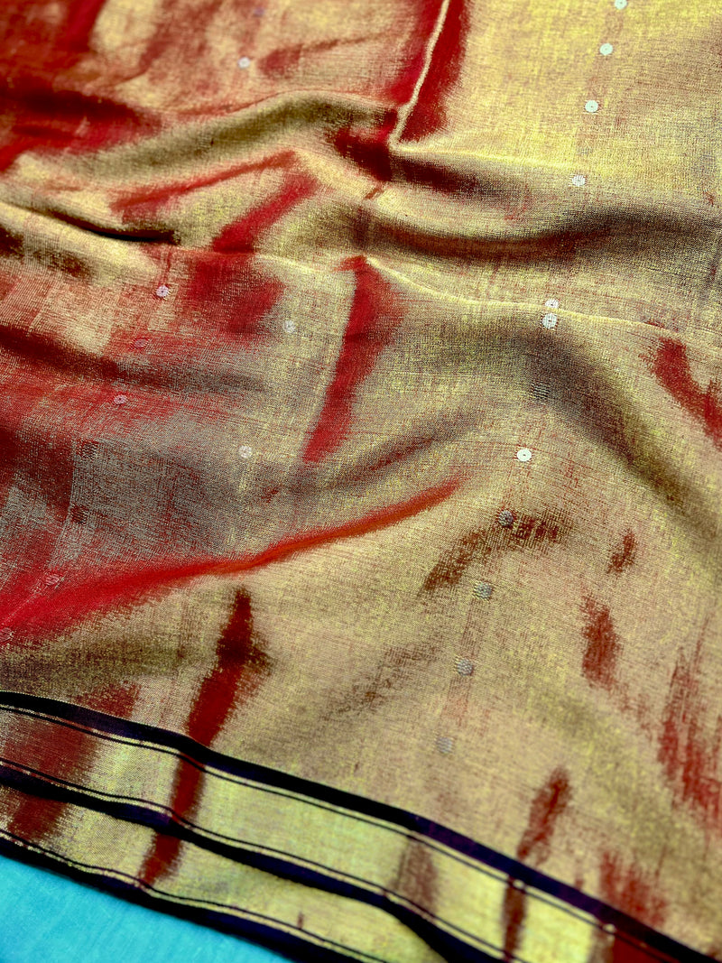 Handwoven Tissue Saree - Fire Bush + Pesto Green