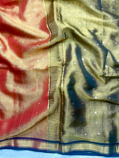 Handwoven Tissue Saree - Fire Bush + Pesto Green