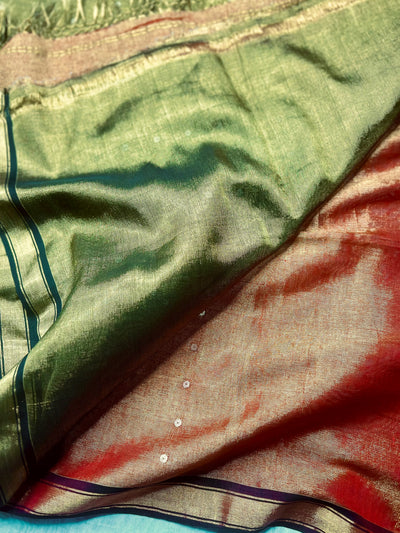Handwoven Tissue Saree - Fire Bush + Pesto Green