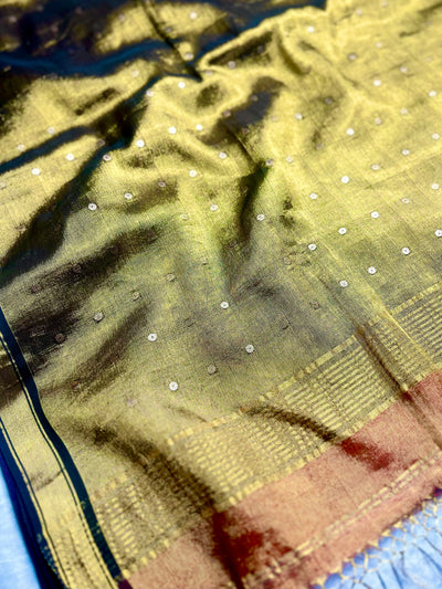 Handwoven Tissue Saree - Fire Bush + Pesto Green