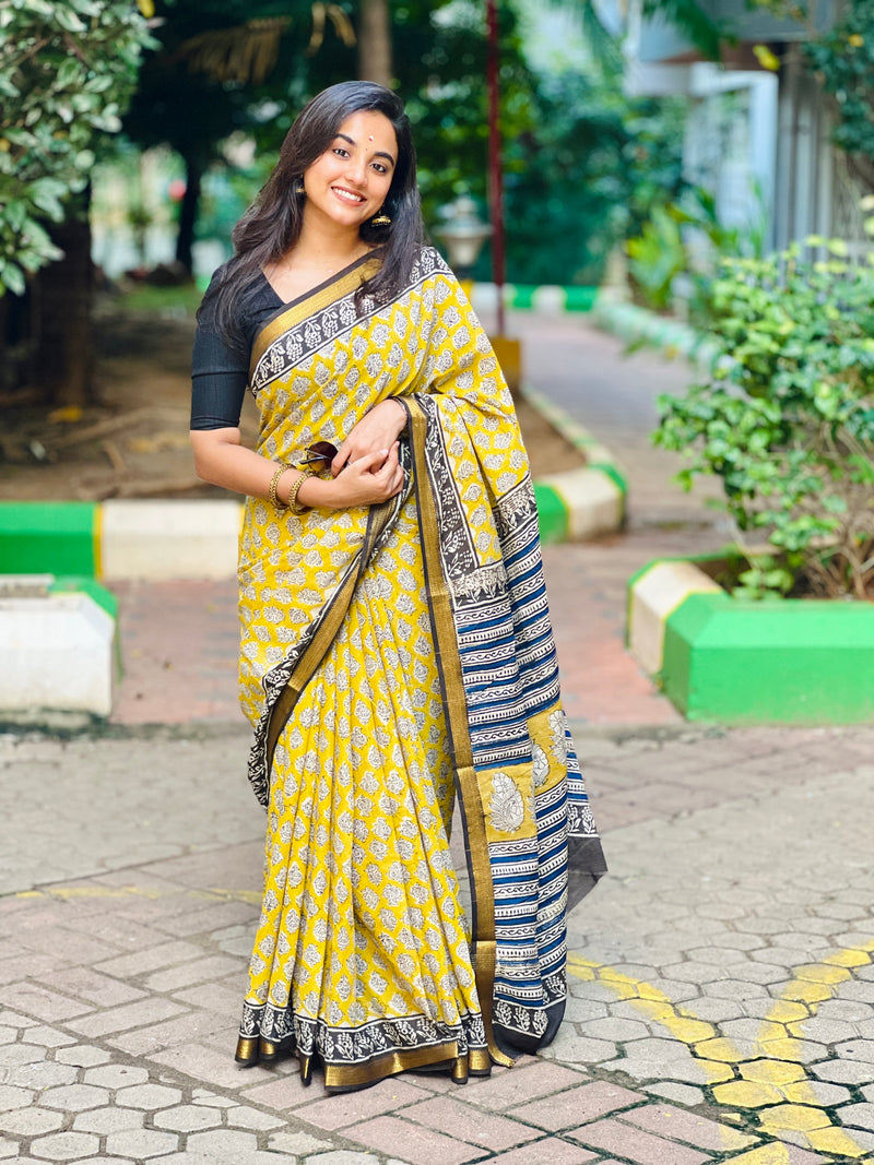 EXP - Kanmani  yellow with black Handblock printed Maheshwari silk cotton saree