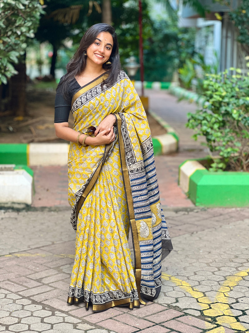 EXP - Kanmani  yellow with black Handblock printed Maheshwari silk cotton saree