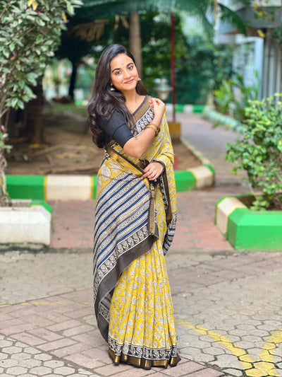 EXP - Kanmani  yellow with black Handblock printed Maheshwari silk cotton saree