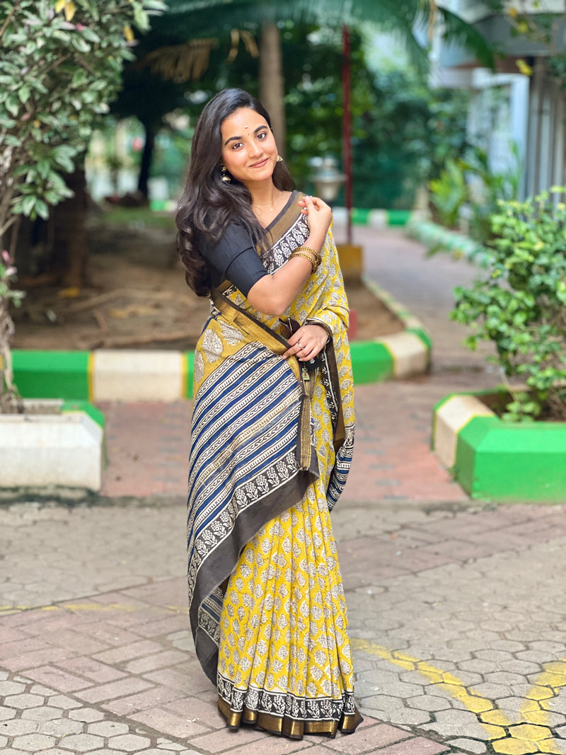 EXP - Kanmani  yellow with black Handblock printed Maheshwari silk cotton saree