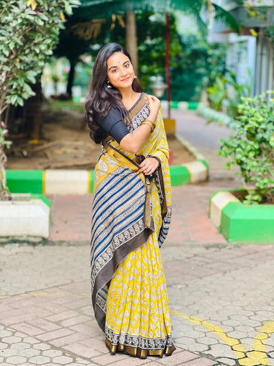 EXP - Kanmani  yellow with black Handblock printed Maheshwari silk cotton saree