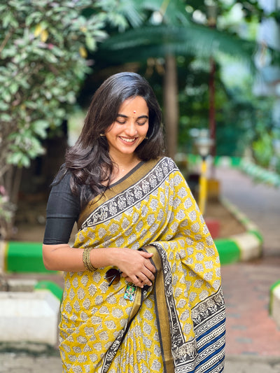 EXP - Kanmani  yellow with black Handblock printed Maheshwari silk cotton saree