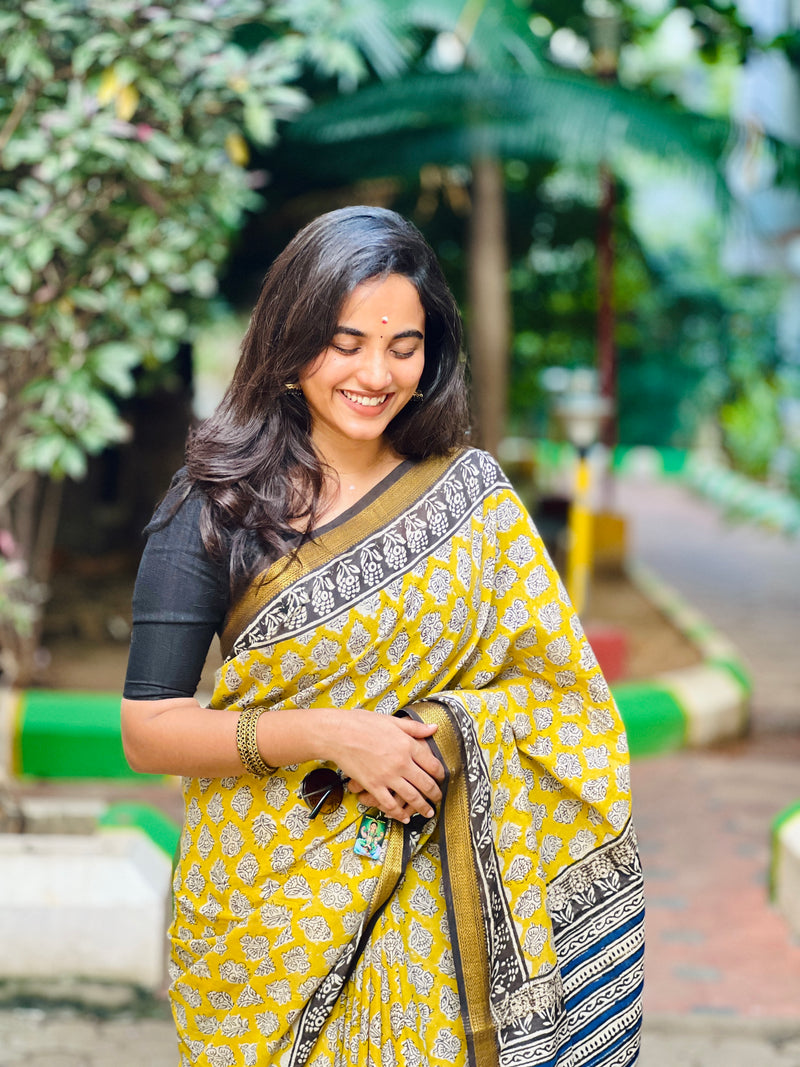 EXP - Kanmani  yellow with black Handblock printed Maheshwari silk cotton saree