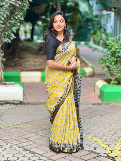 EXP - Kanmani  yellow with black Handblock printed Maheshwari silk cotton saree