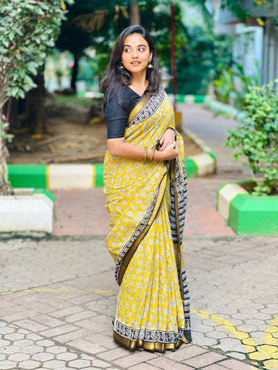 EXP - Kanmani  yellow with black Handblock printed Maheshwari silk cotton saree