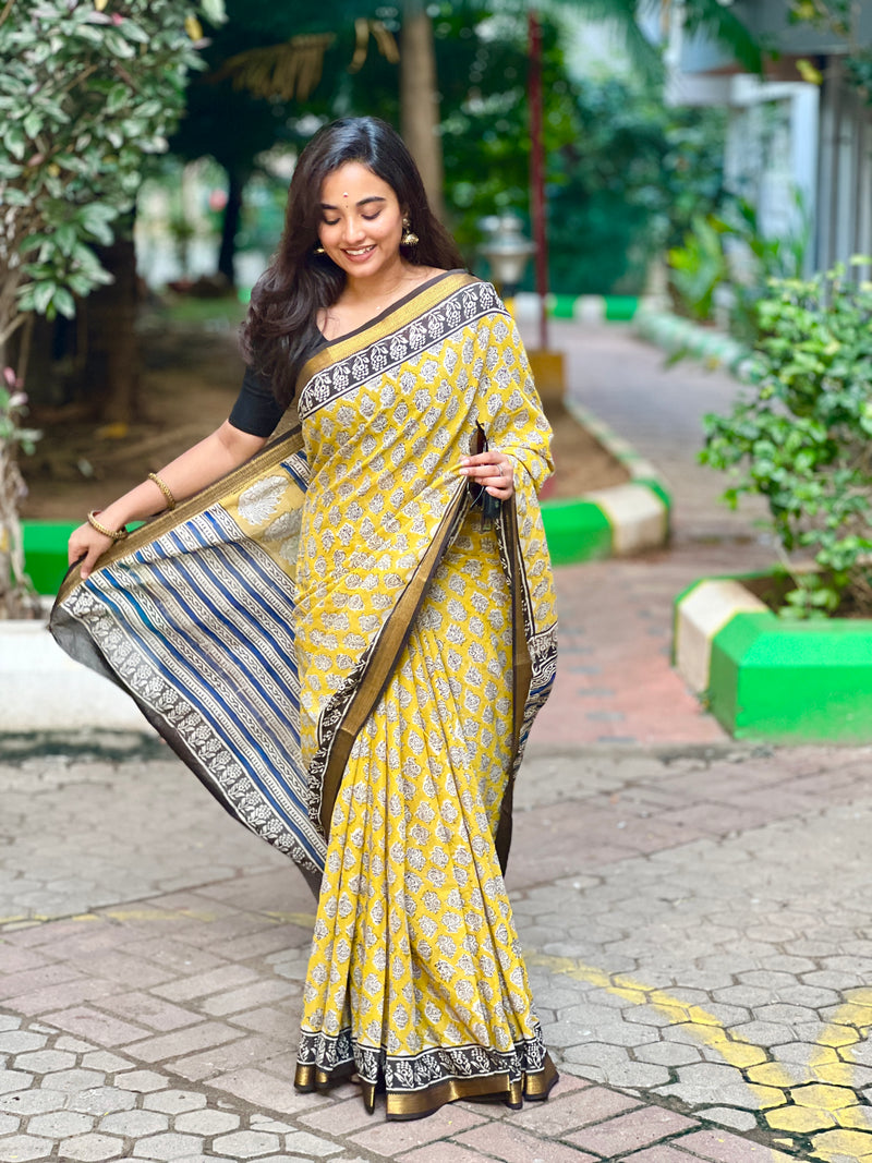 EXP - Kanmani  yellow with black Handblock printed Maheshwari silk cotton saree