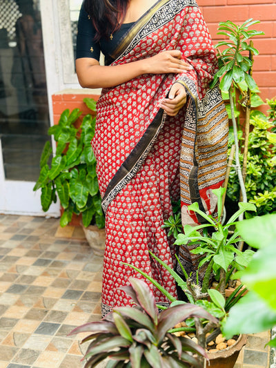 EXP - Kanmani Brick Handblock printed Maheshwari silk cotton saree