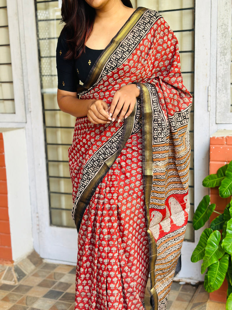 EXP - Kanmani Brick Handblock printed Maheshwari silk cotton saree