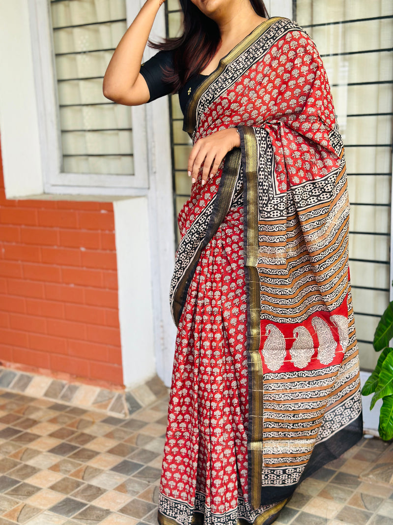 EXP - Kanmani Brick Handblock printed Maheshwari silk cotton saree