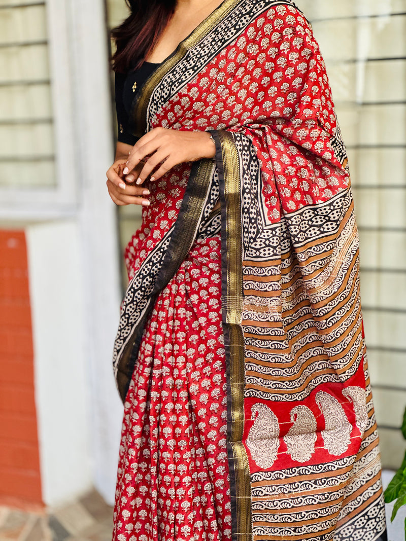 EXP - Kanmani Brick Handblock printed Maheshwari silk cotton saree