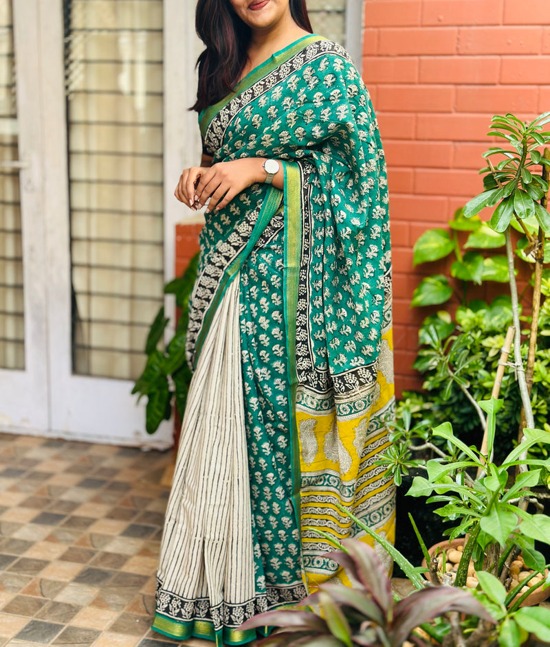 EXP - Kanmani  Green with Black Handblock printed Maheshwari silk cotton saree